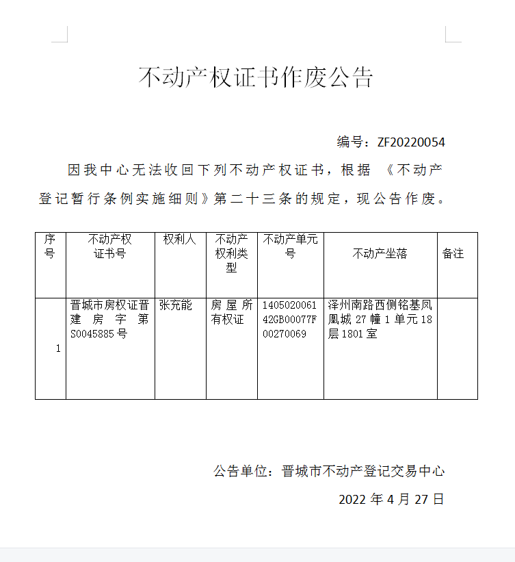 不动产权证明作废公告（六百一十三）20220054(图1)