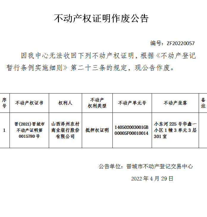 不动产权证书作废公告（六百一十六）20220057(图1)