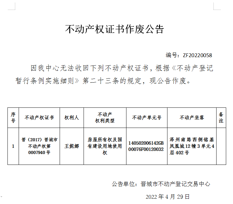 不动产权证书作废公告（六百一十七）20220058(图1)