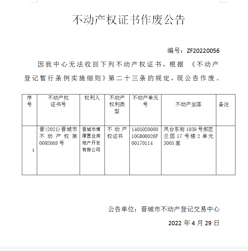 不动产权证书作废公告（六百一十五）20220056(图1)