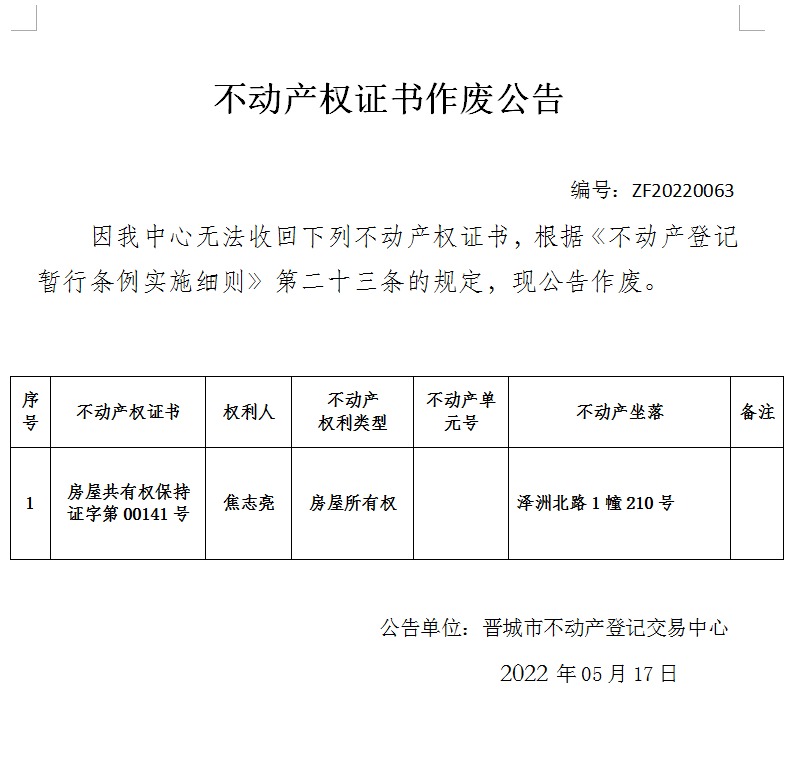 不动产权证书作废公告（六百二十三）20220063(图1)