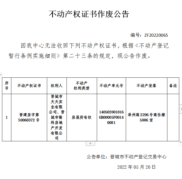 不动产权证书作废公告（六百二十五）20220064(图1)