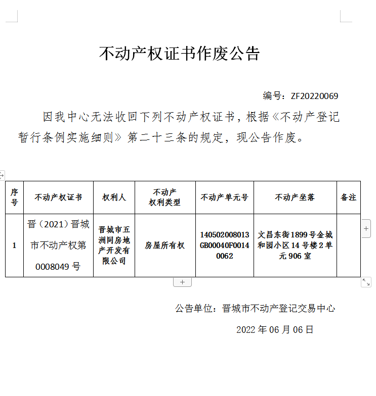 不动产权证书作废公告（六百二十九）20220069(图1)