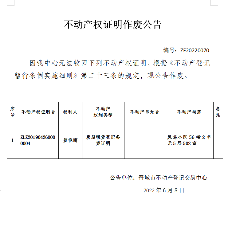 不动产权证j明作废公告（六百三十）20220070(图1)