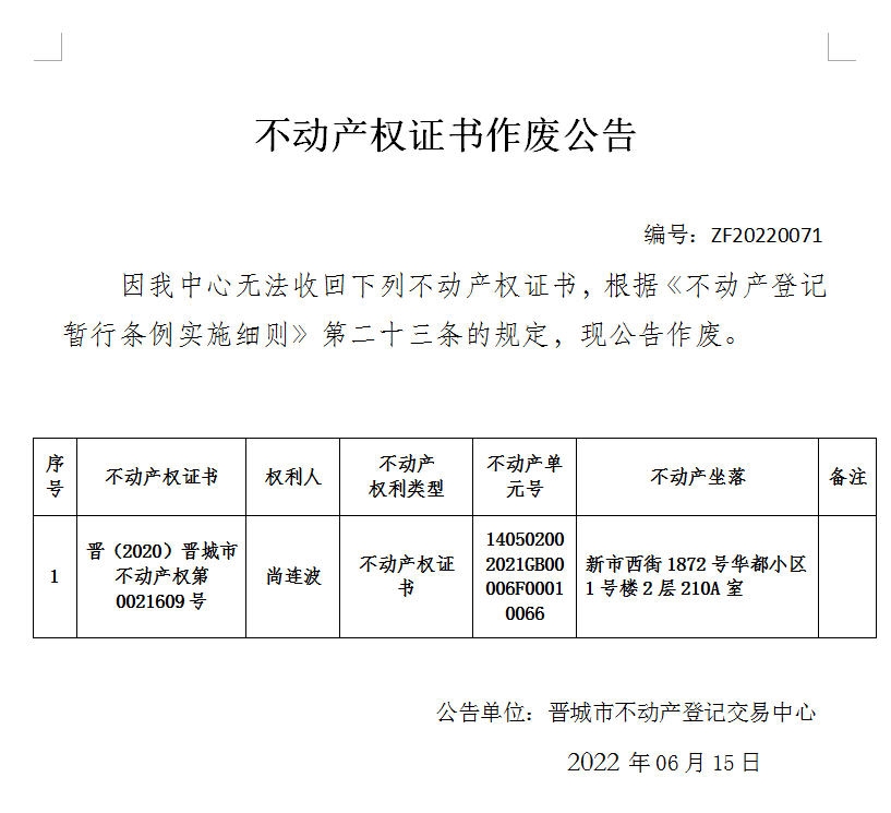不动产权证j明作废公告（六百三十一）20220071(图1)