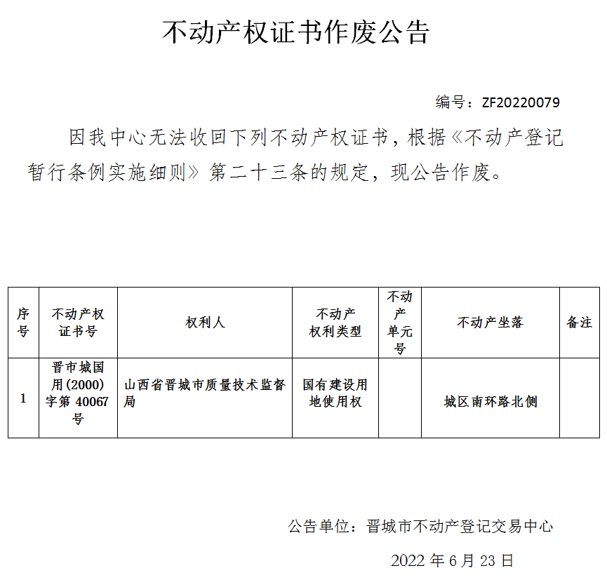 不动产权证书作废公告（六百三十九）20220079(图1)