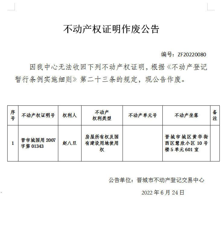 不动产权证书作废公告（六百四十）20220080(图1)
