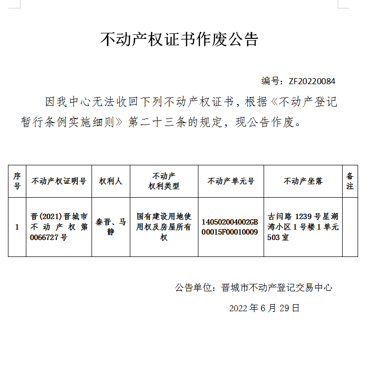 不动产权证书作废公告（六百四十四）20220084(图1)