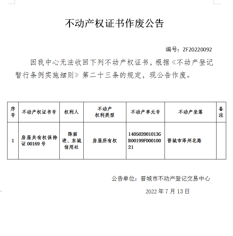 不动产权证书作废公告（六百五十二）20220092(图1)