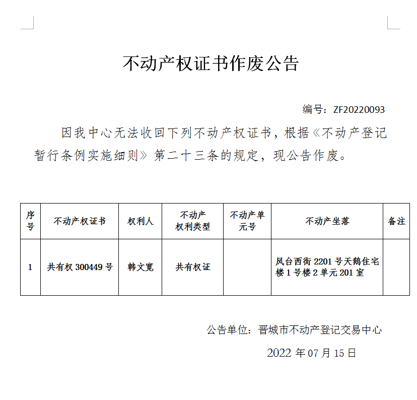 不动产权证书作废公告（六百五十三）20220093(图1)