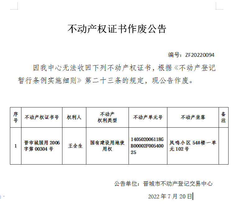 不动产权证书作废公告（六百五十四）20220094(图1)