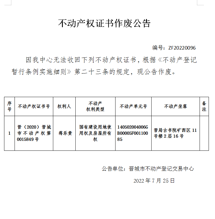 不动产权证书作废公告（六百五十六）20220096(图1)