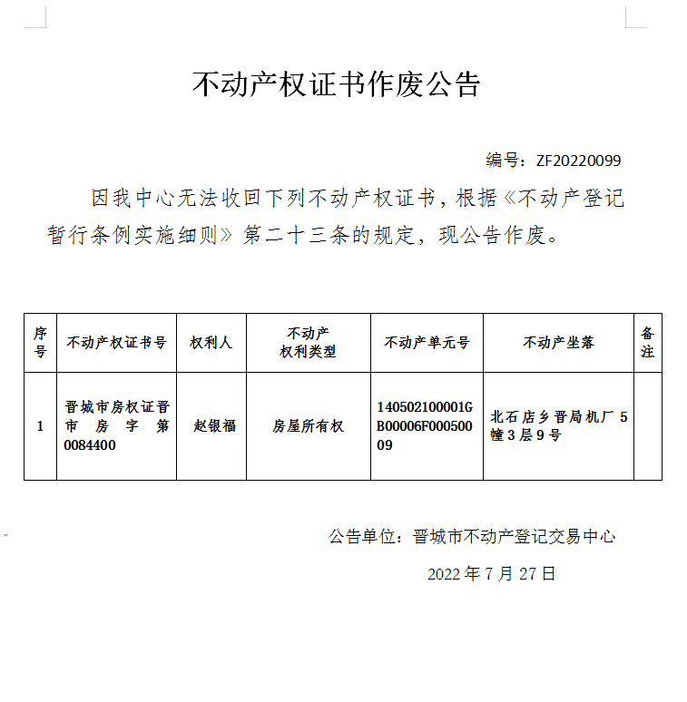 不动产权证书作废公告（六百五十九）20220099(图1)