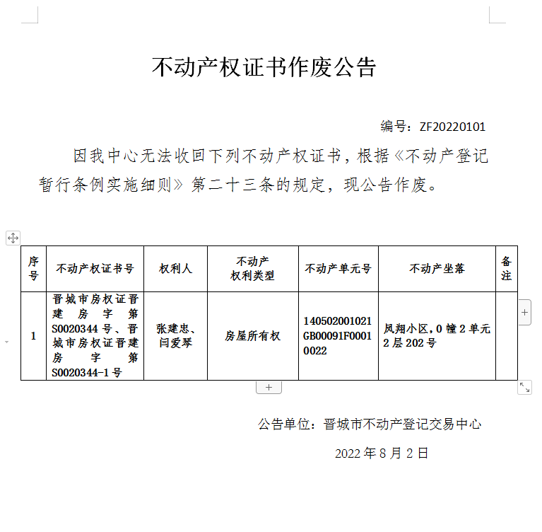 不动产权证书作废公告（六百六十一）20220101(图1)