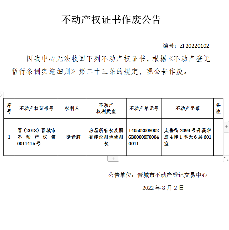 不动产权证书作废公告（六百六十二）20220102(图1)