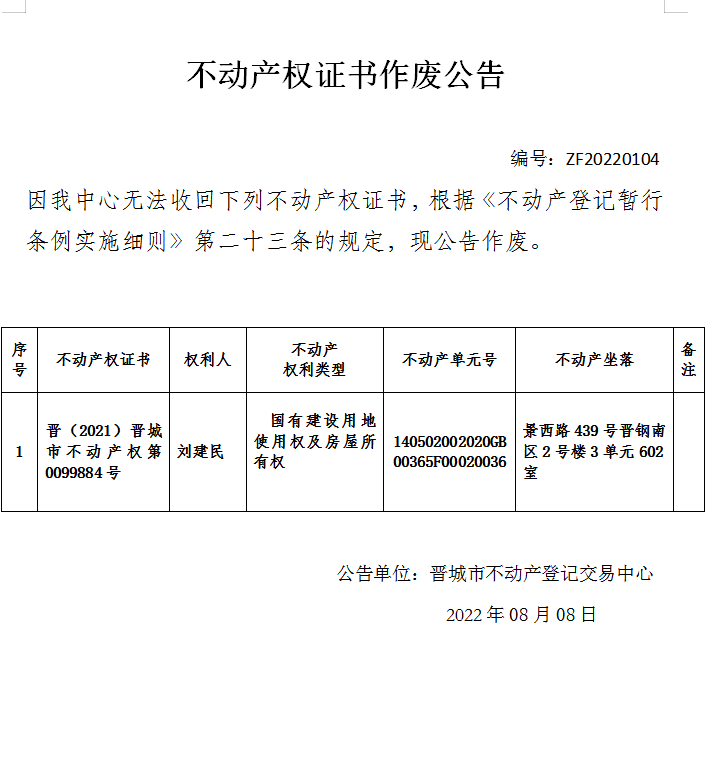 不动产权证书作废公告（六百六十四）20220104(图1)
