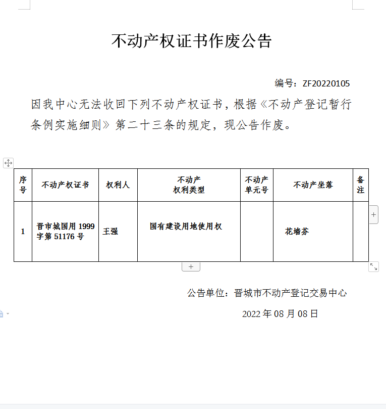 不动产权证书作废公告（六百六十五）20220105(图1)