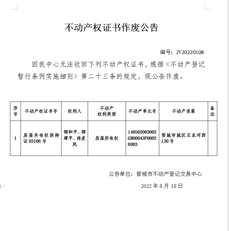 不动产权证书作废公告（六百六十八）20220108(图1)