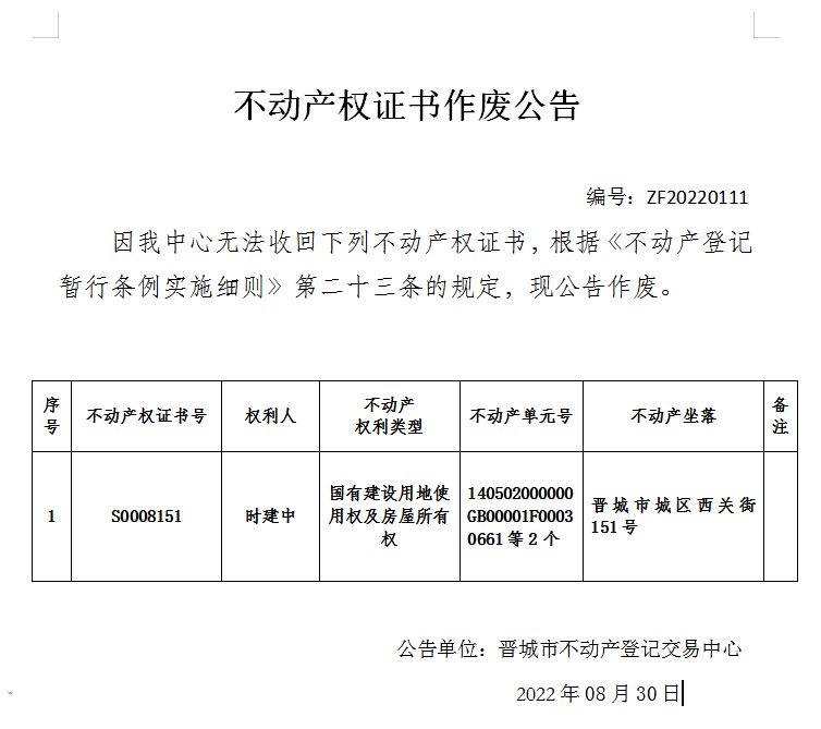 不动产权证书作废公告（六百七十一）20220111(图1)