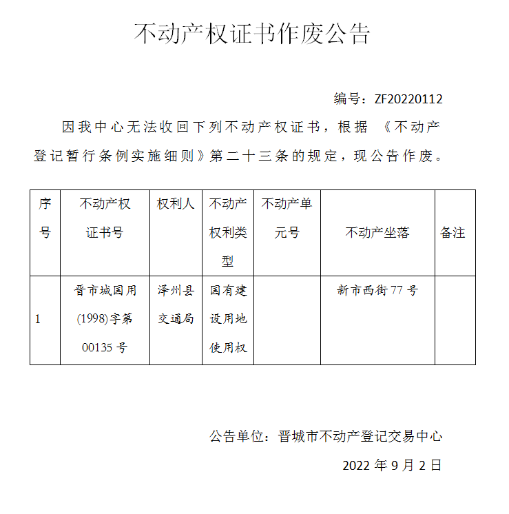 不动产权证书作废公告（六百七十二）20220112(图1)