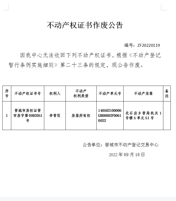 不动产权证书作废公告（六百七十九）20220119(图1)
