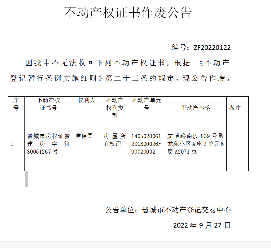  不动产权证书作废公告（六百八十二）20220122(图1)