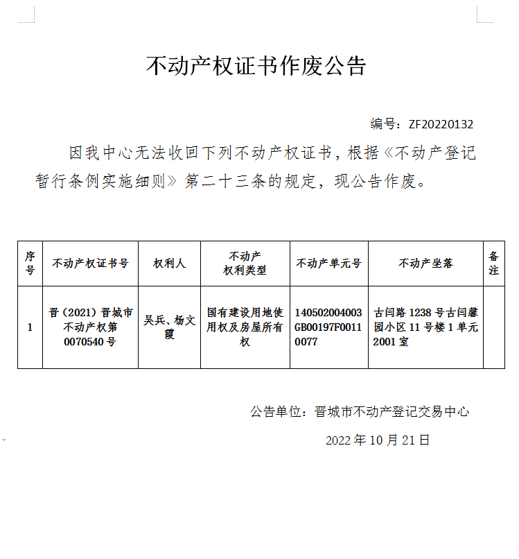 不动产权证书作废公告（六百九十二）20220132(图1)