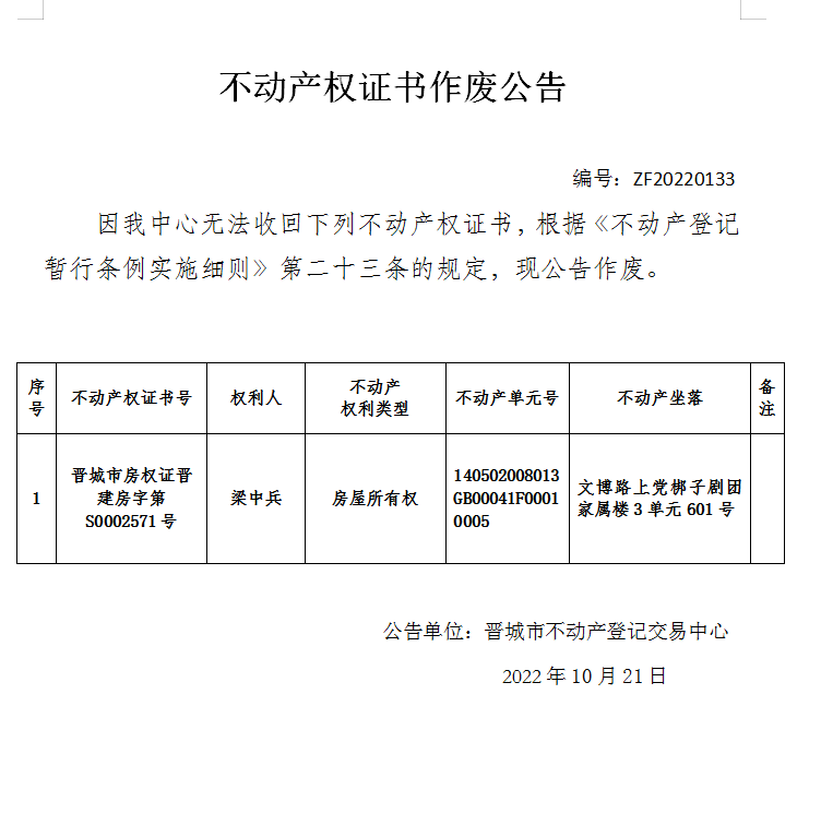 不动产权证书作废公告（六百九十三）20210033(图1)