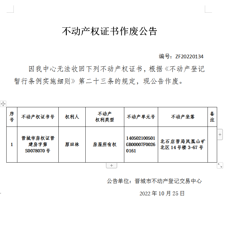 不动产权证书作废公告（六百九十四）20220134(图1)