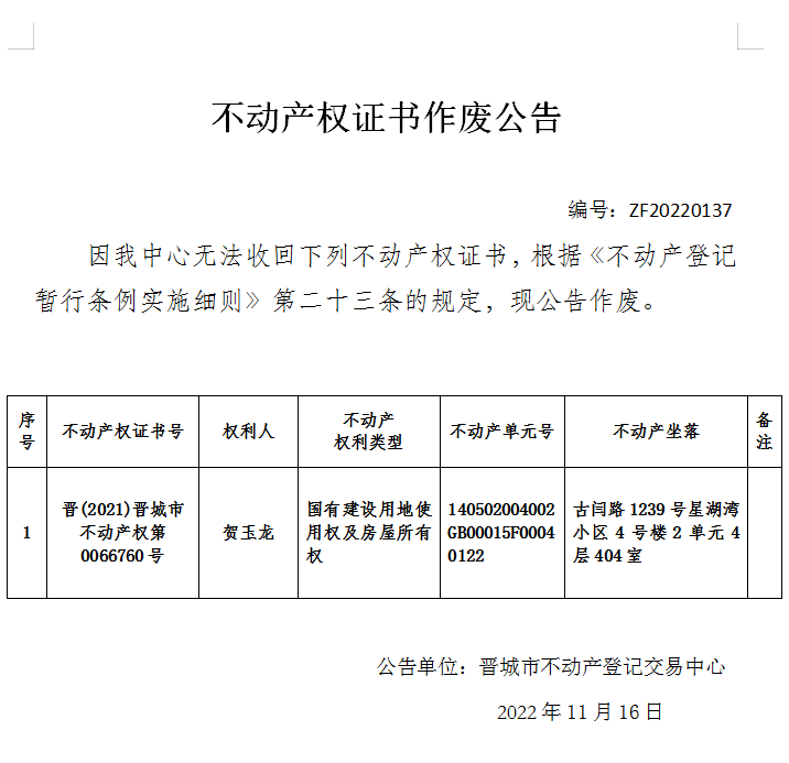 不动产权证书作废公告（六百九十七）20220137(图1)