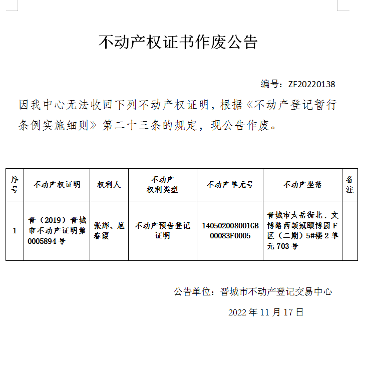 不动产权证明作废公告（六百九十八）20220138(图1)