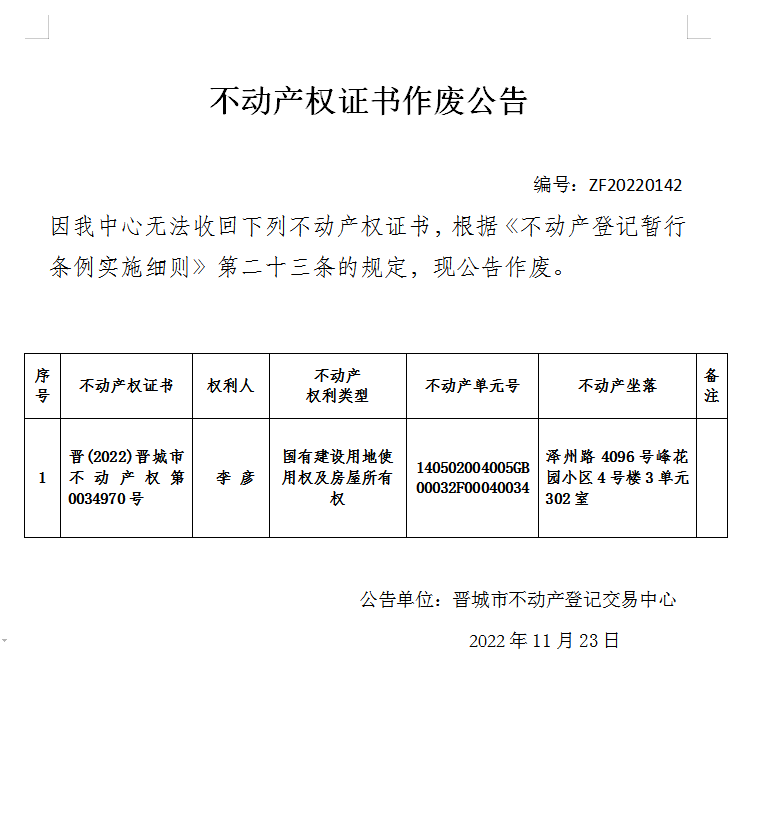 不动产权证书作废公告（七百零二）20220142(图1)