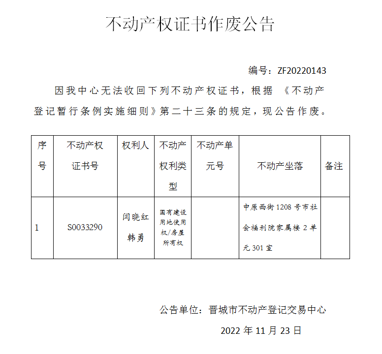 不动产权证书作废公告（七百零三）20220143(图1)
