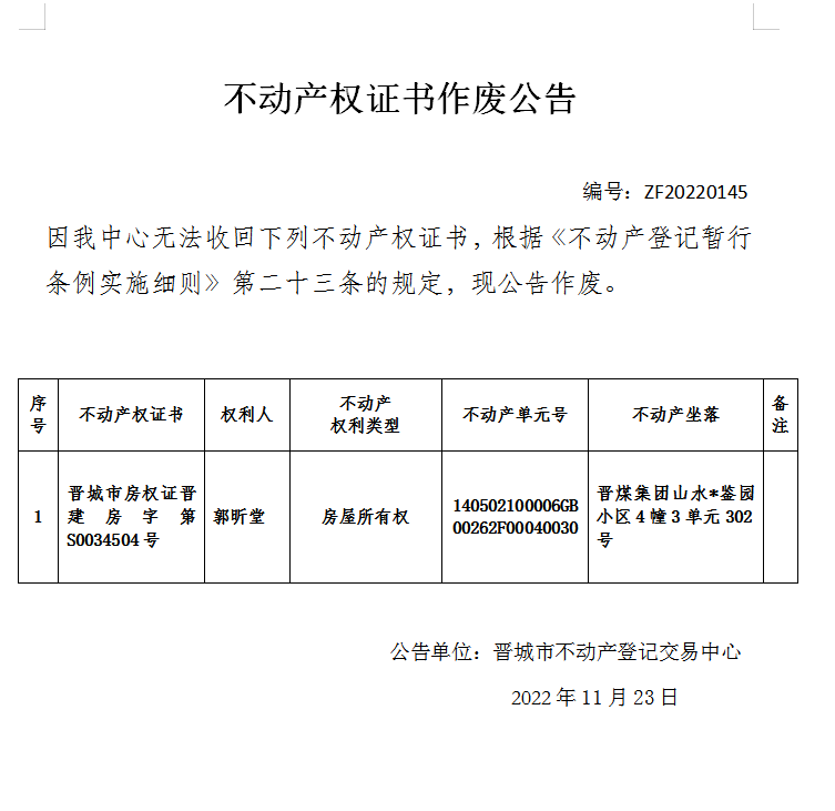 不动产权证书作废公告（七百零五）20220145(图1)