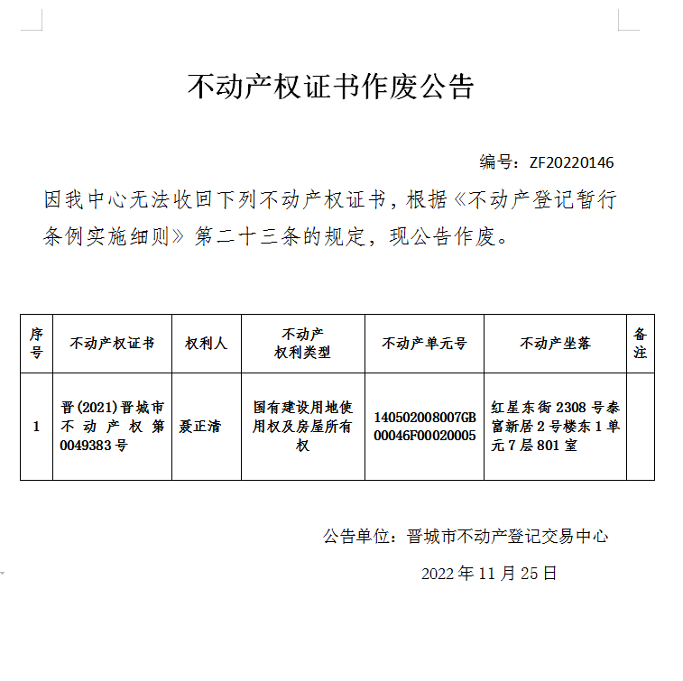 不动产权证书作废公告（七百零六）20220146(图1)