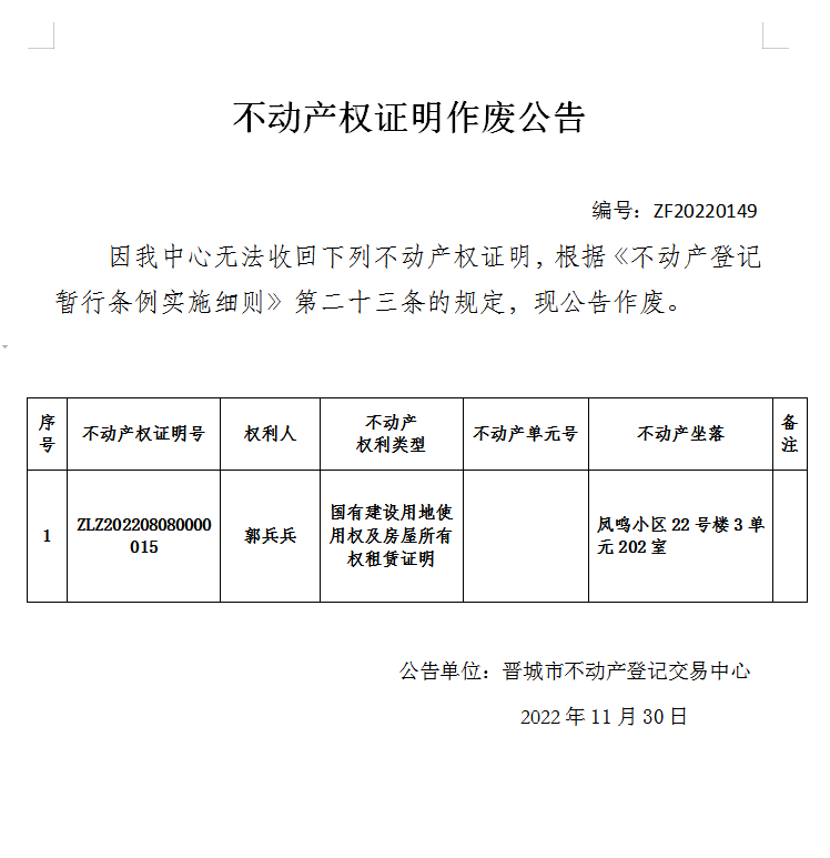 不动产权证明作废公告（七百零九）20220149(图1)
