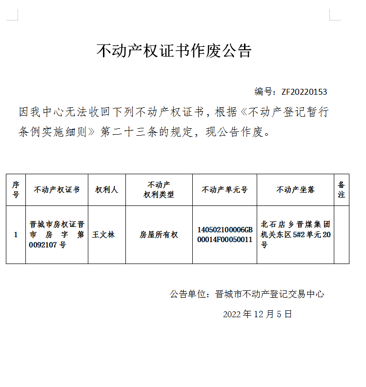 不动产权证书作废公告（七百一十三）20220153(图1)