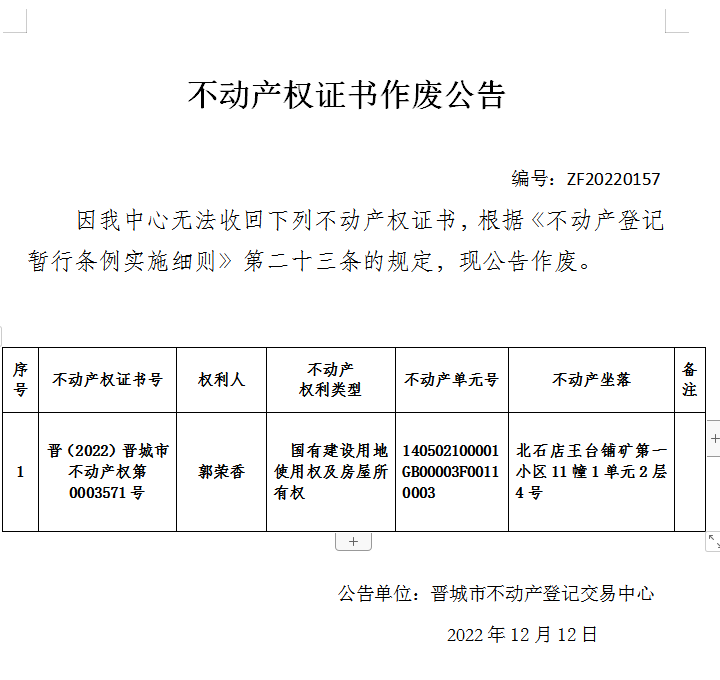 不动产权证书作废公告（七百一十七）20220157(图1)