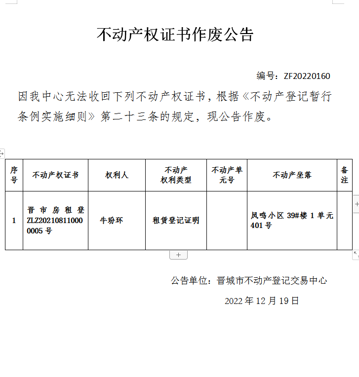 不动产权证书作废公告（七百二十）20220160(图1)