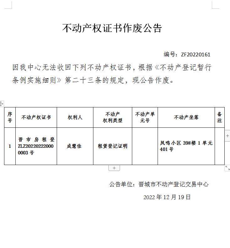 不动产权证书作废公告（七百二十一）20220161(图1)