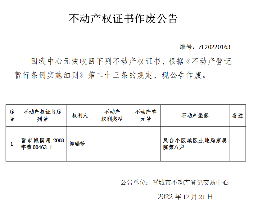 不动产权证书作废公告（七百二十三）20220163(图1)
