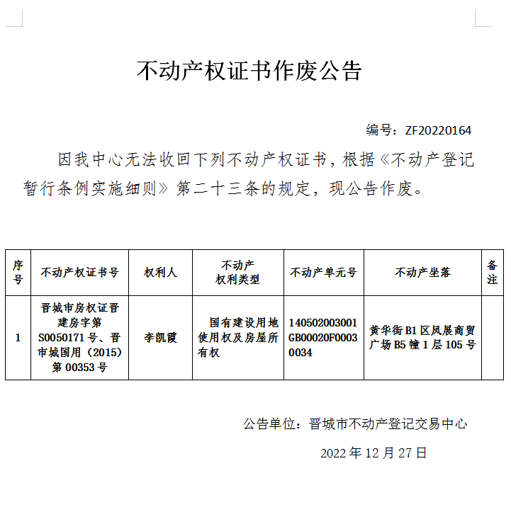 不动产权证书作废公告（七百二十四）20220164(图1)