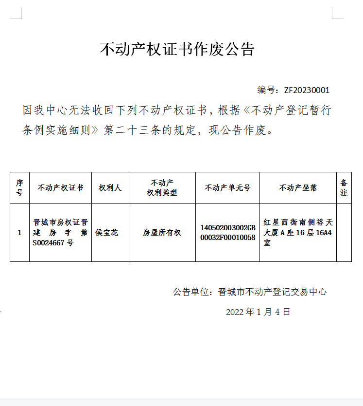 不动产权证书作废公告（七百二十五）20230001(图1)