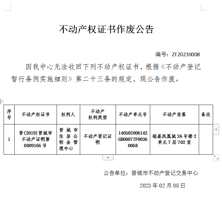 不动产权证书作废公告（七百三十二）20230008(图1)