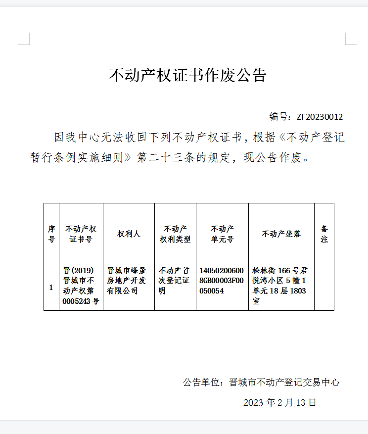 不动产权证书作废公告（七百三十六）20230012(图1)