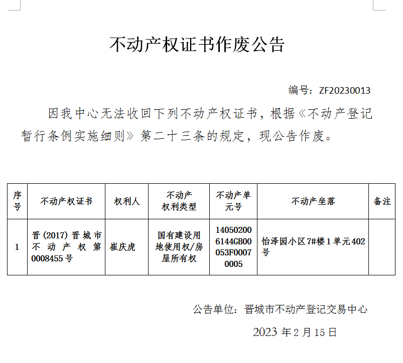 不动产权证书作废公告（七百三十七）20230013(图1)