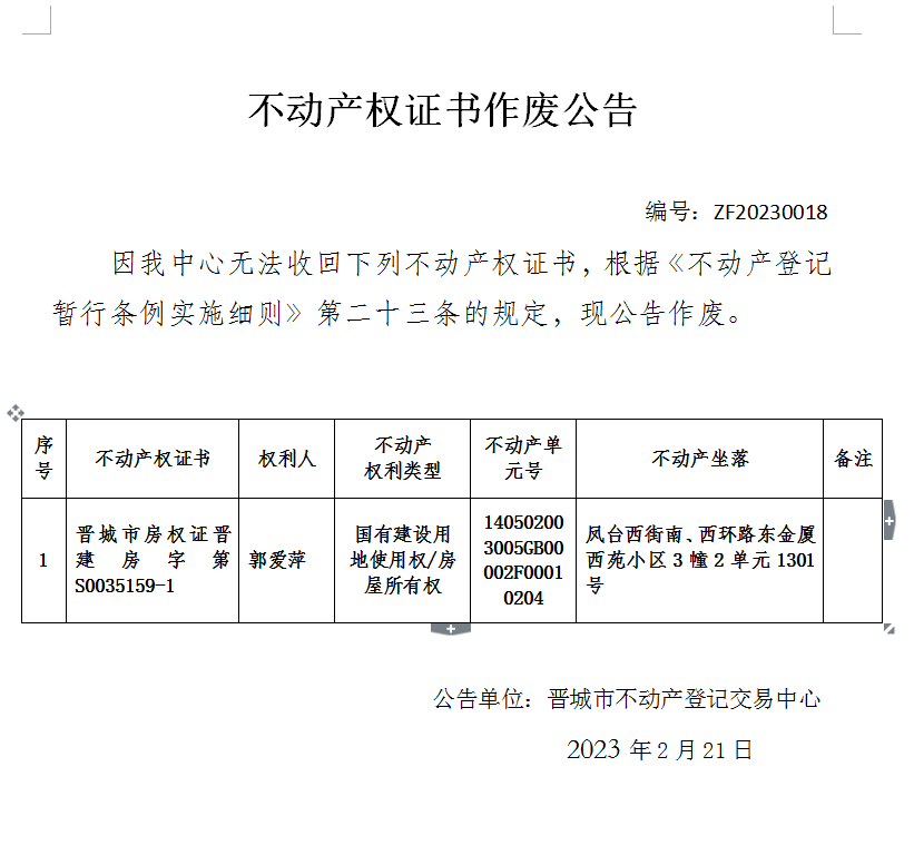不动产权证书作废公告（七百四十二）20230018(图1)