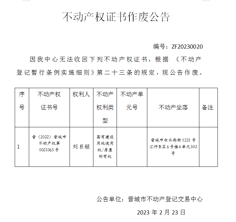 不动产权证书作废公告（七百四十四）20230020(图1)