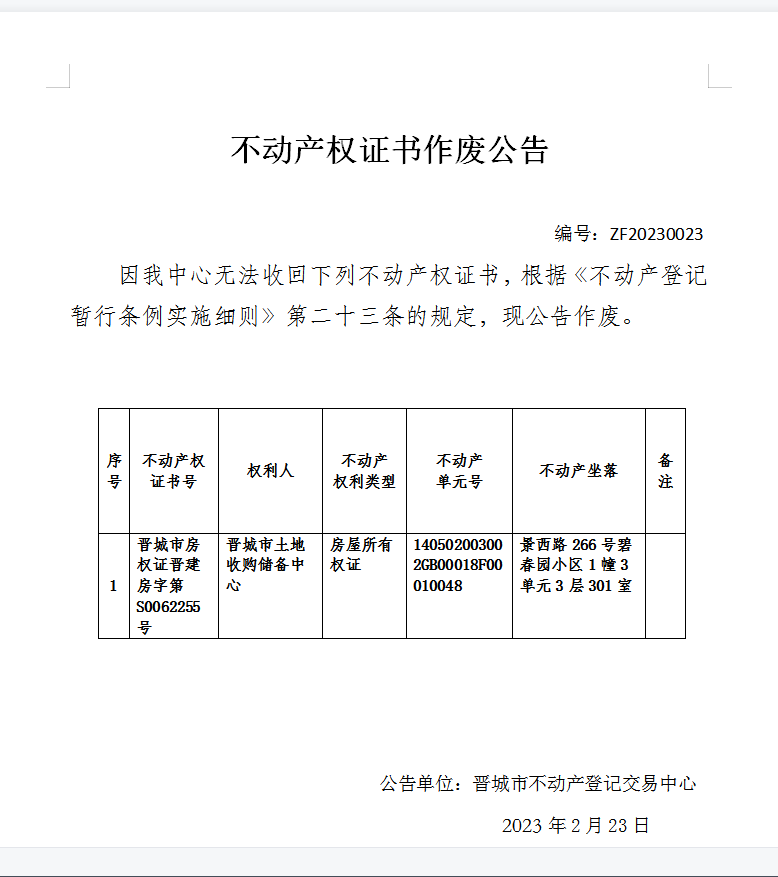 不动产权证书作废公告（七百四十七）20230023(图1)