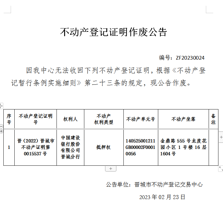 不动产权证书作废公告（七百四十八）20230024(图1)